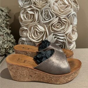 KJacques St. Tropez Bronze Leather Cork Wedge Sandal